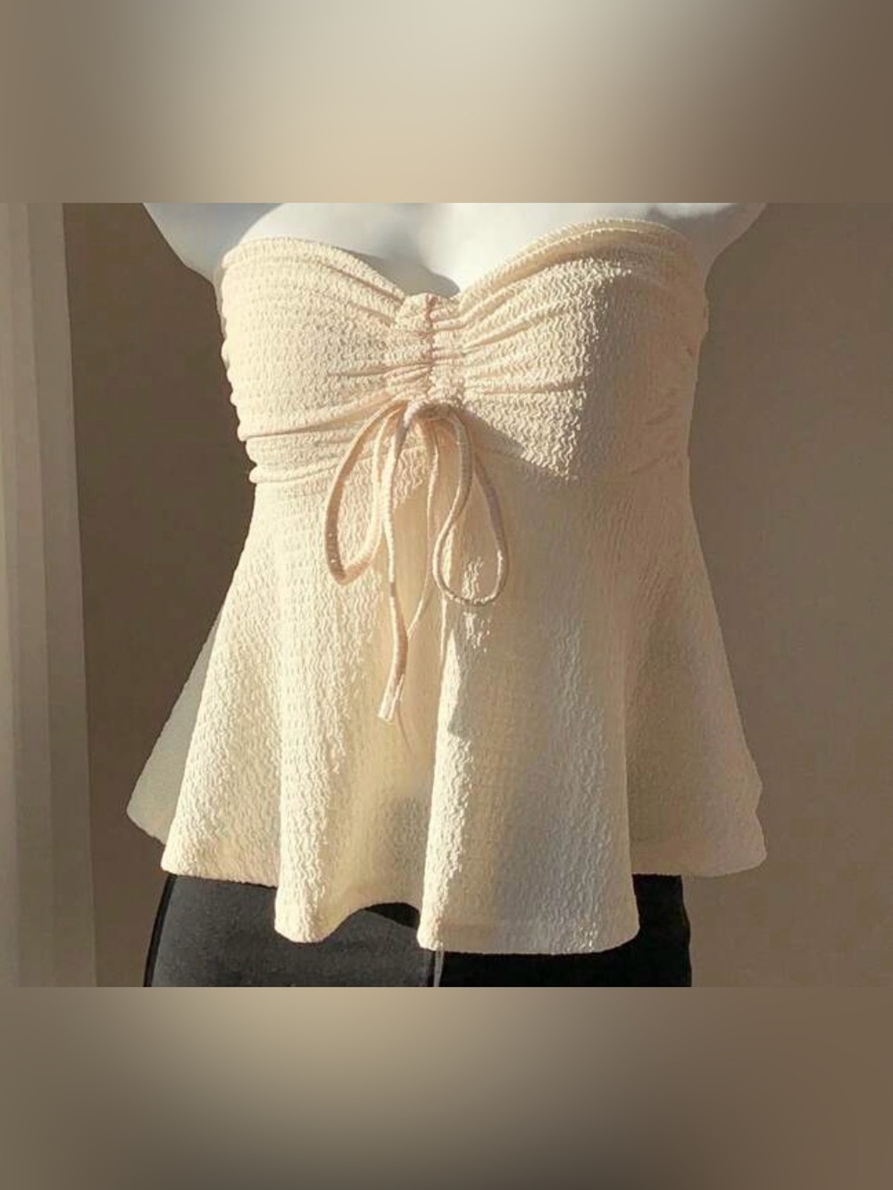 Strapless Ruched Tie-Front Peplum Top - Cream